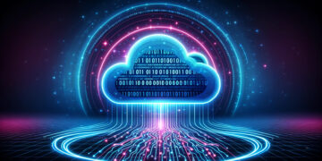 A glowing digital cloud with binary code streaming from it, representing cloud computing and data transfer. The cloud hovers over a futuristic grid surface with neon lights and data streams flowing towards it, integrating seamlessly with legacy systems, set against a dark, star-filled background. | FintechZoom