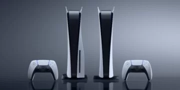 Two PlayStation 5 consoles, one with a disc drive (left) and one digital edition (right), stand upright. Each console is accompanied by a white DualSense controller placed in front of it, ready to immerse you in the best PS5 games. The background is a sleek, gradient gray. | FintechZoom