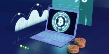 A laptop displays a glowing Bitcoin symbol on its screen. Surrounding the laptop are digital graphs, coins stacked in the foreground, and a percentage symbol. The background has a futuristic digital theme with blue and green tones, hinting at the best crypto exchange platforms dominating the market. | FintechZoom