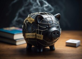 A black piggy bank wrapped in a fishing net with labels reading "ANTIMONDAIES" and "RELIABLE" sits on a wooden table. Two books and a small white box are nearby, promoting the concept of overcoming financial challenges like bad credit loans. The background is dark with a smoky effect. | FintechZoom