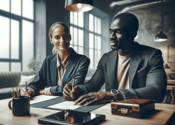 A man and a woman, both in business attire, sit at a wooden table in a modern office space. They are smiling and looking in the same direction as the man signs a document. The table holds papers, coffee cups, and a tablet. Large windows frame the background, creating an inviting atmosphere for consumer engagement. | FintechZoom