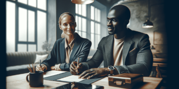 A man and a woman, both in business attire, sit at a wooden table in a modern office space. They are smiling and looking in the same direction as the man signs a document. The table holds papers, coffee cups, and a tablet. Large windows frame the background, creating an inviting atmosphere for consumer engagement. | FintechZoom