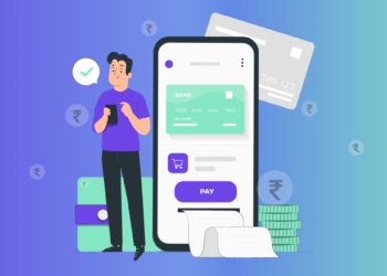 Illustration of a person using a smartphone for mobile banking. The phone screen displays a bank card and payment confirmation. Surrounding elements include a wallet, credit card, receipts, and stacks of coins with the rupee symbol, denoting financial transactions, reminiscent of online casinos. | FintechZoom