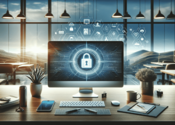 A modern office desk setup with a desktop computer displaying a digital lock symbol, suggesting cybersecurity. The background shows a large window overlooking mountains and an organized office space | FintechZoom