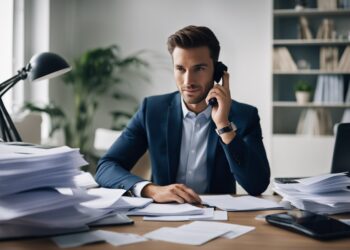 A man in a suit sits at a desk covered with papers, talking on a smartphone. He appears focused and engaged in the conversation, likely discussing debt management strategies. There is a bookshelf in the background and a desk lamp on the left side of the desk. | FintechZoom