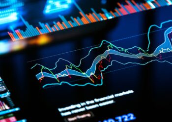 A digital screen displays various colorful, overlapping financial graphs and charts. There are trend lines, bar charts, and highlighted data points, indicating market volatility and financial data analysis. Text in the background reads "Investing in the financial markets. | FintechZoom
