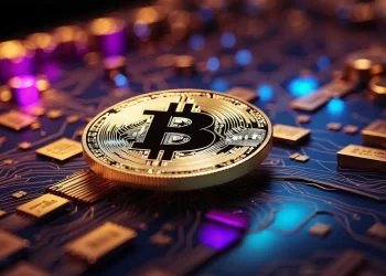 A close-up image of a gold Bitcoin coin resting on a computer motherboard. The background features intricate circuitry with blue and purple LED lights, highlighting the digital and futuristic nature of cryptocurrency technology, reflecting the real-time shifts in Bitcoin Price today. | FintechZoom