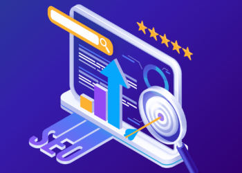 A laptop displays an upward arrow indicating growth alongside bar graphs. A magnifying glass and a target with an arrow are in front of the screen. SEO is prominently written at the bottom, with a search bar and five stars above the laptop, emphasizing its effectiveness. | FintechZoom