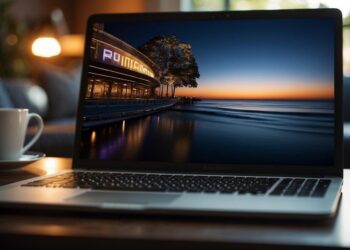 A laptop sits on a wooden table, displaying a serene beach scene at twilight. The screen shows calm waves and a pier with lit buildings, inviting thoughts of watching movies online. A white coffee cup and saucer are placed on the left side of the table. The background is softly blurred. | FintechZoom