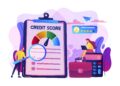 Illustration of a large clipboard showing a credit score gauge with a colorful meter pointing to green. A person with a magnifying glass is examining it while another sits on top of a calculator using a laptop. A large briefcase is placed nearby, emphasizing the importance of credit scores. | FintechZoom