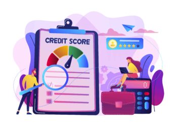 Illustration of a large clipboard showing a credit score gauge with a colorful meter pointing to green. A person with a magnifying glass is examining it while another sits on top of a calculator using a laptop. A large briefcase is placed nearby, emphasizing the importance of credit scores. | FintechZoom