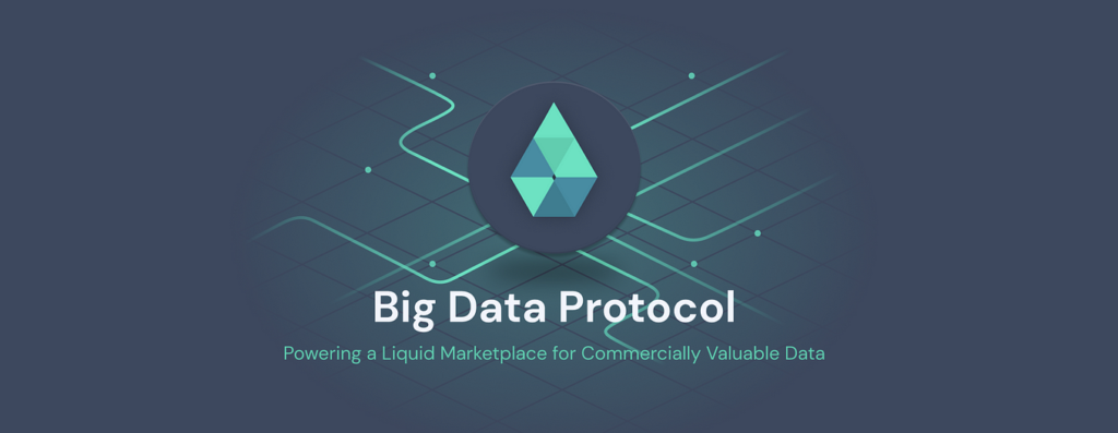 Image of the Big Data Protocol (BDP) logo, featuring a geometric, turquoise emblem with circuit-like lines emanating outward. Below the emblem, the text reads: “Big Data Protocol,” followed by “Powering a Liquid Marketplace for Commercially Valuable Data. 