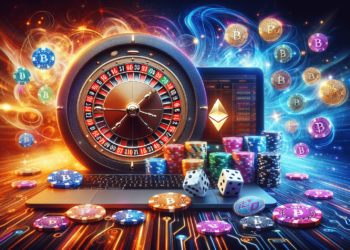 A vibrant, crypto casino-themed image featuring a roulette wheel, poker chips, dice, and a laptop screen displaying digital cryptocurrency symbols like Bitcoin and Ethereum. The background is filled with dynamic swirling lights, highlighting the fusion of traditional and digital gambling. | FintechZoom