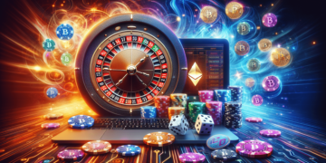 A vibrant, crypto casino-themed image featuring a roulette wheel, poker chips, dice, and a laptop screen displaying digital cryptocurrency symbols like Bitcoin and Ethereum. The background is filled with dynamic swirling lights, highlighting the fusion of traditional and digital gambling. | FintechZoom