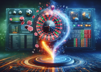 A dynamic digital illustration featuring a roulette wheel with numbers and chips, emerging from a vibrant, glowing vortex. In the background, holographic screens display sports icons, betting options, and data from popular sports betting platforms, all set against a futuristic, neon-lit grid. | FintechZoom