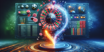 A dynamic digital illustration featuring a roulette wheel with numbers and chips, emerging from a vibrant, glowing vortex. In the background, holographic screens display sports icons, betting options, and data from popular sports betting platforms, all set against a futuristic, neon-lit grid. | FintechZoom