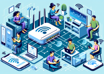 A digital illustration of people using various devices connected to Wi-Fi, including laptops, smartphones, and tablets. They are in a networked environment with a central WiFi router, server, and displayed graphs on a large screen, emphasizing connectivity. | FintechZoom