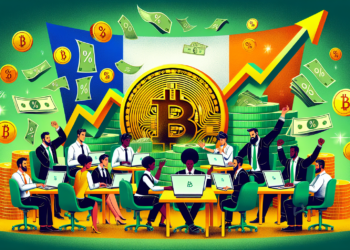 A group of people at desks with laptops celebrate in a room filled with Bitcoin symbols, stacks of coins, and flying cash. A large Bitcoin logo is in the center, with graphs and arrows indicating growth behind it that read "bitcoin price today." The background features vibrant colors and a flag motif. | FintechZoom