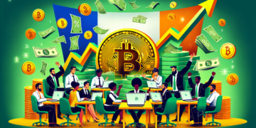 A group of people at desks with laptops celebrate in a room filled with Bitcoin symbols, stacks of coins, and flying cash. A large Bitcoin logo is in the center, with graphs and arrows indicating growth behind it that read "bitcoin price today." The background features vibrant colors and a flag motif. | FintechZoom