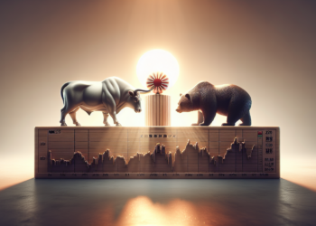 A glowing graph with a rising sun is topped by silver bull and brown bear figurines. The rising sun casts a radiant beam through a gear, symbolizing market dynamics. The graph displays fluctuating stock prices, representing the ongoing battle between bull and bear markets, much like the Nikkei 225 today. | FintechZoom