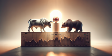 A glowing graph with a rising sun is topped by silver bull and brown bear figurines. The rising sun casts a radiant beam through a gear, symbolizing market dynamics. The graph displays fluctuating stock prices, representing the ongoing battle between bull and bear markets, much like the Nikkei 225 today. | FintechZoom