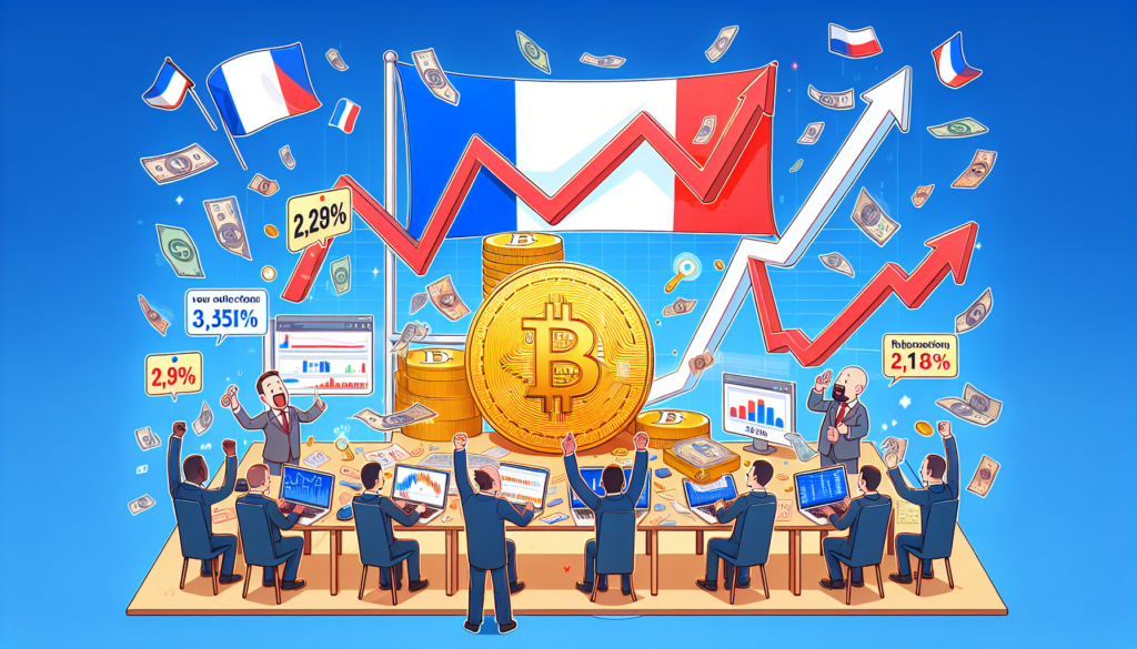 A cartoon shows people in suits celebrating as Bitcoin and stock prices rise against the backdrop of the French flag, hinting at influences from recent French elections. Charts with increasing graphs and percentages like 2.29% and 3.35% are visible, along with flying money and laptops displaying bitcoin price today and other financial data. | FintechZoom