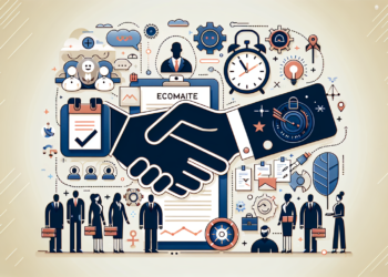 Illustration of two large hands shaking in the foreground, representing a business agreement. In the background, various icons and symbols, such as clocks, gears, documents, and graphs depict business activities and teamwork. Right below a team is shown working together seamlessly, utilizing remote onboarding software. | FintechZoom