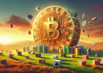 A gigantic Bitcoin coin is depicted in the center of the image, surrounded by flying casino chips, dice, and playing cards. In the foreground, there are stacks of poker chips and dice on a grassy field. The scene is set against a vibrant sunset in the background. | FintechZoom