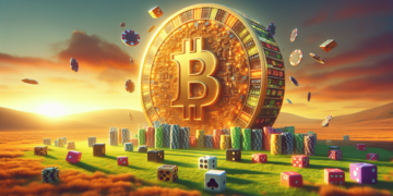 A gigantic Bitcoin coin is depicted in the center of the image, surrounded by flying casino chips, dice, and playing cards. In the foreground, there are stacks of poker chips and dice on a grassy field. The scene is set against a vibrant sunset in the background. | FintechZoom