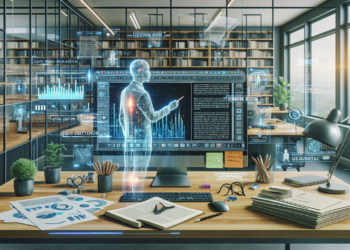 A futuristic office desk with a computer displays a holographic human figure pointing at data visualizations. The desk is cluttered with books, papers, content reports, a desk lamp, and various office supplies. Glass walls reveal bookshelves and large windows with a cityscape view. | FintechZoom