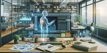 A futuristic office desk with a computer displays a holographic human figure pointing at data visualizations. The desk is cluttered with books, papers, content reports, a desk lamp, and various office supplies. Glass walls reveal bookshelves and large windows with a cityscape view. | FintechZoom