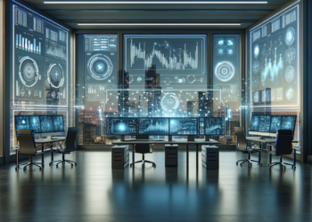 A high-tech office with large glass windows offering a cityscape view. Multiple computer stations with large monitors display complex data visualizations, graphs, and Forex trading analytics. Sleek, modern furniture includes office chairs and desks with a minimalistic design. | FintechZoom