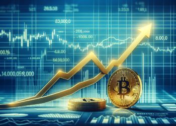 A golden Bitcoin symbol and coins are set against a background featuring a financial stock chart with various numerical values. An upward-trending arrow line graph overlays the scene, indicating a rise in value. The overall image suggests the growing value of Bitcoin. | FintechZoom