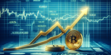 A golden Bitcoin symbol and coins are set against a background featuring a financial stock chart with various numerical values. An upward-trending arrow line graph overlays the scene, indicating a rise in value. The overall image suggests the growing value of Bitcoin. | FintechZoom