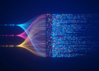 A dark blue background with colorful lines converging into a concentrated point and then diverging into binary code, symbolizing data processing or information flow within the Big Data Protocol. The lines are blue, pink, and yellow, transitioning into a matrix of zeroes and ones. | FintechZoom