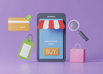 A minimalist illustration of eCommerce features a smartphone with a striped awning displaying a "BUY" button. Nearby are icons of a credit card, price tag, magnifying glass, and shopping bag, all set against a purple background. | FintechZoom