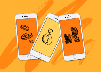 Three smartphones are displayed against an orange background with abstract brush strokes. Each phone screen shows a different money-related illustration: the left shows coins, the center has a money bag, and the right displays stacked coins, capturing the essence of virtual fundraising tools. | FintechZoom