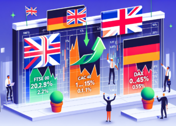 A vibrant financial scene displays global stock market indices alongside their respective flags. European Markets Today show the FTSE 100 rising by 20.23%, CAC 40 climbing 0.1-15%, and DAX declining by 0.45%. Traders celebrate the positive trends with dynamic charts and upward green arrows. | FintechZoom