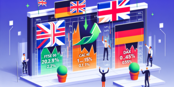 A vibrant financial scene displays global stock market indices alongside their respective flags. European Markets Today show the FTSE 100 rising by 20.23%, CAC 40 climbing 0.1-15%, and DAX declining by 0.45%. Traders celebrate the positive trends with dynamic charts and upward green arrows. | FintechZoom