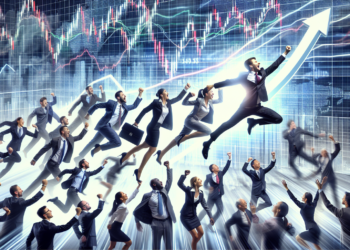 Digital illustration depicting a group of animated businesspeople energetically jumping with raised fists in celebration. Behind them, dynamic stock charts, including the Nikkei 225 climbing, symbolize financial success and growth. The background features a mix of blue and gray tones. | FintechZoom