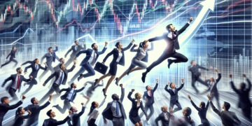 Digital illustration depicting a group of animated businesspeople energetically jumping with raised fists in celebration. Behind them, dynamic stock charts, including the Nikkei 225 climbing, symbolize financial success and growth. The background features a mix of blue and gray tones. | FintechZoom