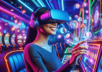 A person wearing a virtual reality headset and headphones is interacting with a holographic interface in a vibrant, neon-lit arcade. Slot machines with colorful lights are visible in the background, enhancing the futuristic and immersive virtual reality gaming environment. | FintechZoom
