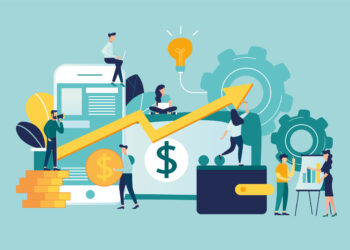 Illustration depicting business growth and financial success in the economy. It features people engaging with oversized symbols like a dollar sign, upward arrow, phone, coin stack, wallet, gears, and a chart. Some are using laptops while others are discussing a graph. | FintechZoom