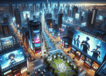 A vibrant, futuristic cityscape at dusk with towering skyscrapers adorned with neon billboards displaying advertisements and holographic images, many promoting the booming online gaming market. The streets are bustling with people, and a brightly lit central park with trees and pathways provides a green contrast. | FintechZoom