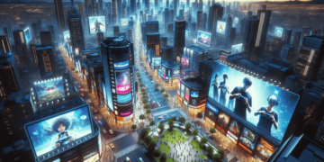 A vibrant, futuristic cityscape at dusk with towering skyscrapers adorned with neon billboards displaying advertisements and holographic images, many promoting the booming online gaming market. The streets are bustling with people, and a brightly lit central park with trees and pathways provides a green contrast. | FintechZoom