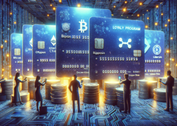 Digital cards representing various cryptocurrencies, including Bitcoin, Ethereum, Ripple, Litecoin, and a Crypto Loyalty Program, are depicted standing upright among stacks of coins in a futuristic, illuminated data center. People are interacting with the cards. | FintechZoom