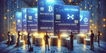 Digital cards representing various cryptocurrencies, including Bitcoin, Ethereum, Ripple, Litecoin, and a Crypto Loyalty Program, are depicted standing upright among stacks of coins in a futuristic, illuminated data center. People are interacting with the cards. | FintechZoom