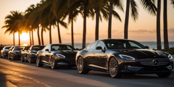 A row of sleek, black luxury cars parked along a seaside road, lined with palm trees. The sun sets in the background, casting a warm glow on the scene, with the ocean visible in the distance—the perfect spot for those seeking exotic car rental in Miami. | FintechZoom
