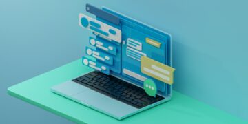 A stylized 3D illustration of a laptop with its display extending outwards, featuring various chat bubbles, text boxes, and user interface elements in shades of blue and green. The laptop, showcasing online payment methods, is placed on a green surface against a blue background. | FintechZoom