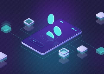 A futuristic illustration showcases a large smartphone with digital coins hovering above the screen. Connected icons around the phone include blockchain symbols and numbers like 45.43 and 25.01, representing elements of the modern financial landscape and cryptocurrency transactions. | FintechZoom